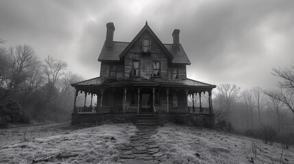Eerie haunted house with ghostly figures in the windows