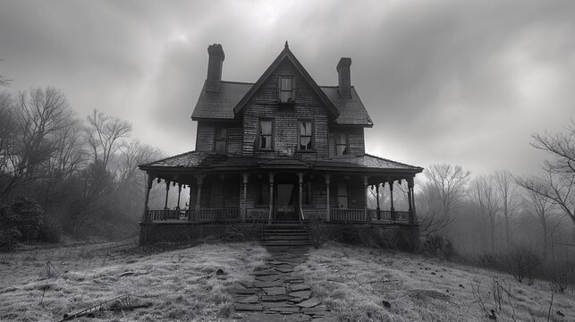 Eerie haunted house with ghostly figures in the windows