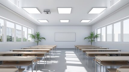 A spacious classroom with minimalist design and neatly arranged desks, ready for the school year