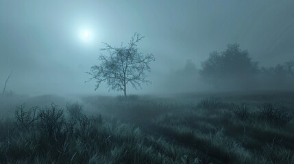 Eerie fog rolling over a haunted meadow