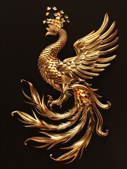 A 3D decorative pattern of a golden phoenix on a black background