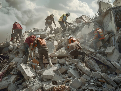 Realistic photo of people carrying out rescue work in the rubble