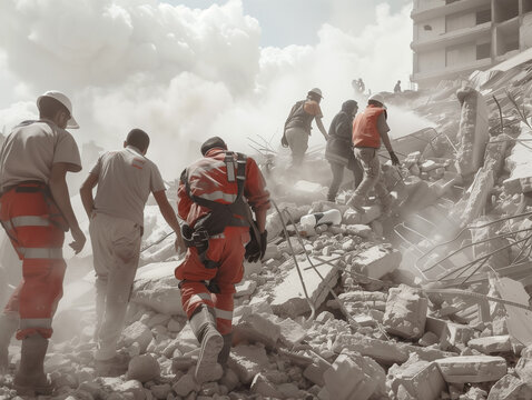 Realistic photo of people carrying out rescue work in the rubble