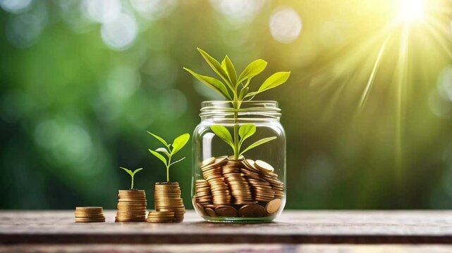 Gold coins in glass jar with tree growing on top, investment profit and dividend money from saving concept, money growth concept, saving money and loan for business investment concept.