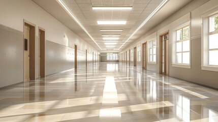 A spacious, empty school corridor with neutral tones and minimalist design