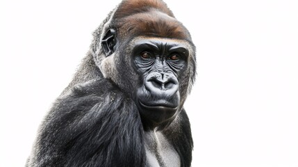 Obraz premium A lone black gorilla standing against a white backdrop.