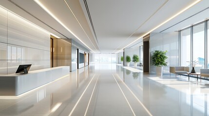 A spacious lobby in a contemporary office building with bright lighting and sleek design