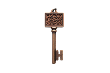 An Ornate Copper Key With a Floral Design, Isolated on a White Background on a Clear PNG or White Background.