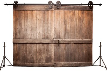 Rustic Barn Door Backdrop for Photography With Rolling Track and Tripods on a Clear PNG or White Background.