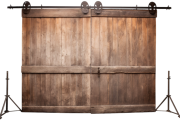 Rustic Barn Door Backdrop for Photography With Rolling Track and Tripods on a Clear PNG or White Background.