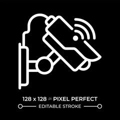 Smart security pixel perfect white linear icon for dark theme. Cctv camera, surveillance video. Iot technology, monitoring. Thin line illustration. Isolated symbol for night mode. Editable stroke
