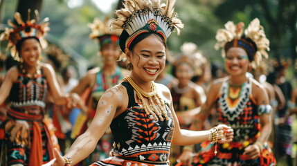 Smiling woman dancing in traditional headwear at a cultural celebration