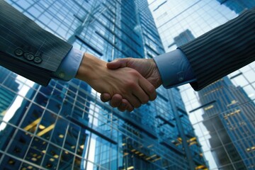 A closeup image of two people shaking hands in front of a modern city skyline