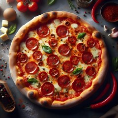 Pizza Diavola, A pizza with a spicy tomato sauce, melted mozzarella cheese, and slices of spicy salami.