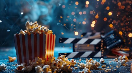 A box of popcorn is on a table with a movie camera and a remote