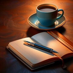 Notebook with a pen and a cup of coffee on a table; journalism business student concept