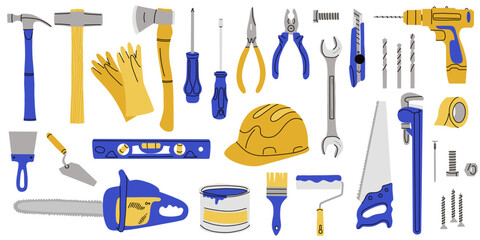Repair tools set. House construction equipment. Doodle style drawing. Building instruments screwdriver saw and hammer. Renovation industry. Vector cartoon flat style isolated contemporary illustration