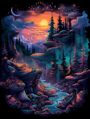 Obraz premium A t-shirt design of a breathtaking fantasy landscape showcasing a glowing sunset sky, pine trees, rugged mountains, and a serene river flowing through rocky terrain.