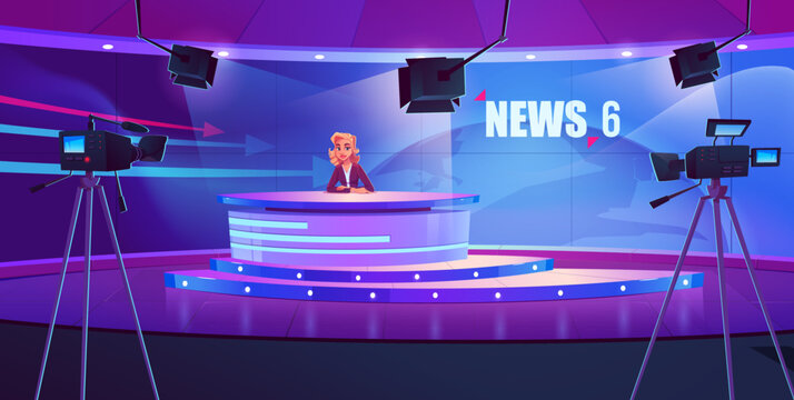 Tv news show studio room with desk for broadcast. Program presenter in newsroom with stage. Television channel woman announcer in booth with screen. Broadcaster character recording video illustration