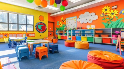 A vibrant kindergarten classroom with fun seating and colorful wall decorations