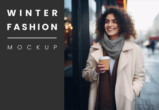 Apparel Women Winter Fashion Fashion And Paper Coffee Cup Mockup With Generative AI