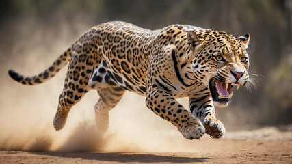 Fototapeta premium full-body shot of a jaguar captured in mid-motion, as if leaping or running, with a blurred background to convey speed and agility
