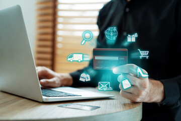 Elegant customer wear black shirt holding credit card choosing online platform. Smart consumer control device while open e-commerce application using cashless technology shopping inventory. Cybercash.