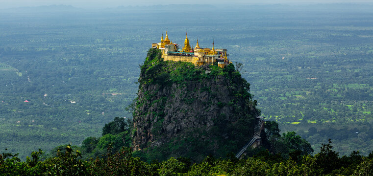Mount Popa, Taung Kalat buddhist monastery on mountain Mount Popa, Temple on top mountain Mount Popa, Bagan, Myanmar.