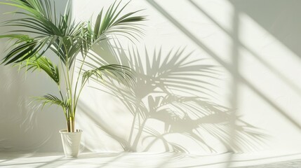 Fototapeta premium Natural light shadow on white backdrop for product presentation, create mockup, seasonal summer concept