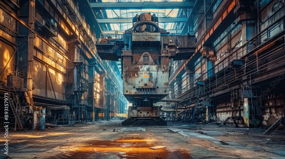 Poster massive hydraulic press in a manufacturing plant