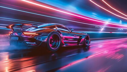 Naklejka premium Virtual racing: neon-powered automotive motion with high-speed sports cars and AI-driven racing effects