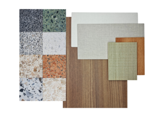 interior material samples, top view, including multi color of terrazzo stones, oak wooden laminated, wooden veneer, fabric laminateds isolated on background with clipping path.