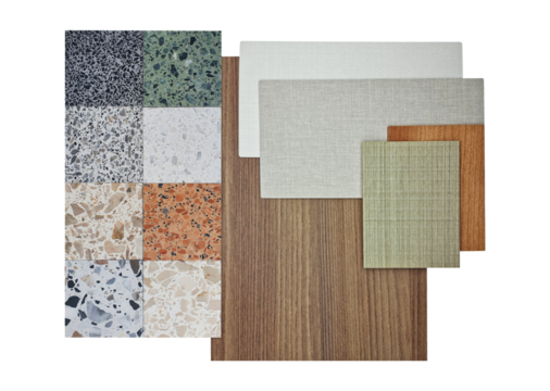 interior material samples, top view, including multi color of terrazzo stones, oak wooden laminated, wooden veneer, fabric laminateds isolated on background with clipping path.