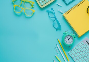 Flat lay composition of school essentials on a pastel background, including a calculator and glasses, ready for the academic year.