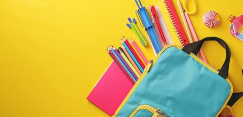 Vibrant and lively school bag with stationery on yellow, high resolution.