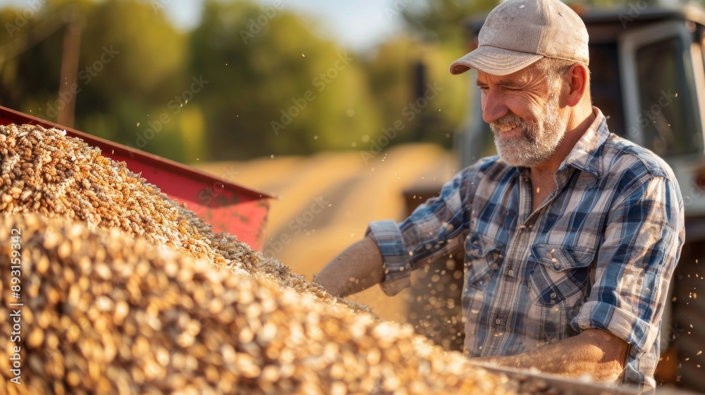 Poster a man in a blue plaid shirt is working in a field with a pile of grain