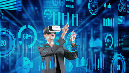 Businesswoman user moving big data selecting dynamic market stock graph monitor by VR future global innovation interface digital infographic network technology visual hologram animation. Contraption.