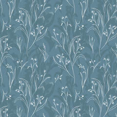 Seamless blue gray botanical pattern of casual hand drawn plants