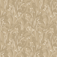 Abstract delicate floral pattern of thin earth tone wildflowers on tonal background. Endless neutral repeat in casual romantic style.