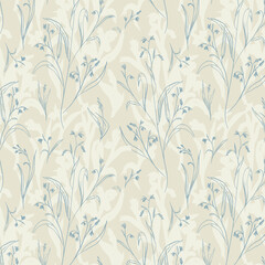 Endless herbal blue and beige pattern of casual hand drawn plants