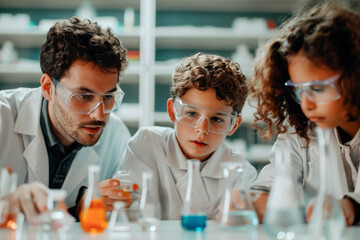 Science Hispanic students with teacher doing chemical reaction experiment in the laboratory at school