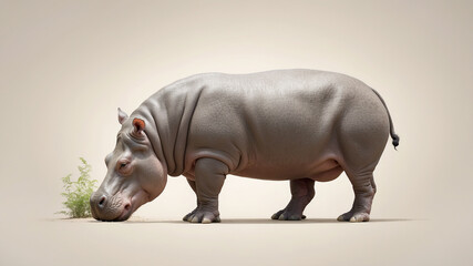 Full-body shot of a large hippopotamus on a clean, neutral-colored background