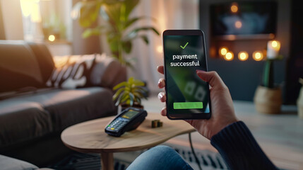 Person shopping online at home holding a phone with payment successful on screen display which validate the purchase made from e-shopping , electronic commerce consumer buy goods over Internet