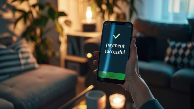 Person shopping online at home holding a phone with payment successful on screen display which validate the purchase made from e-shopping , electronic commerce consumer buy goods over Internet