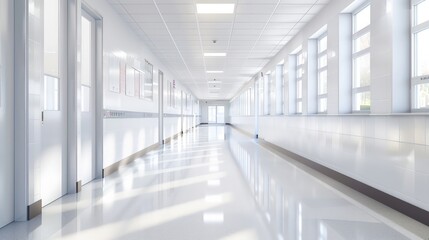 An empty school corridor with bright lighting and clean, white walls