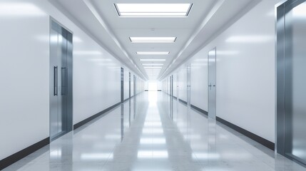 An empty school corridor with bright lighting and clean, white walls