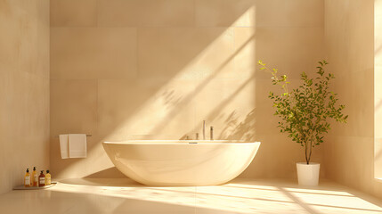Beige bathroom interior with tub