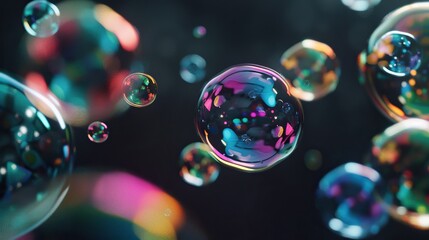 Colorful soap bubbles floating on a black background