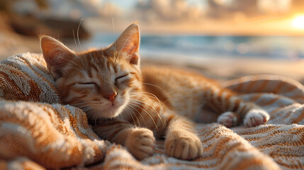 Kitten Napping on a Blanket by the Beach