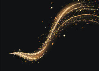 Magic gold glitter dust and star light wave vector. Golden shine trail with bright twinkle texture. Abstract yellow sparkle spray and stardust swirl design decoration. Luxury and glamour element